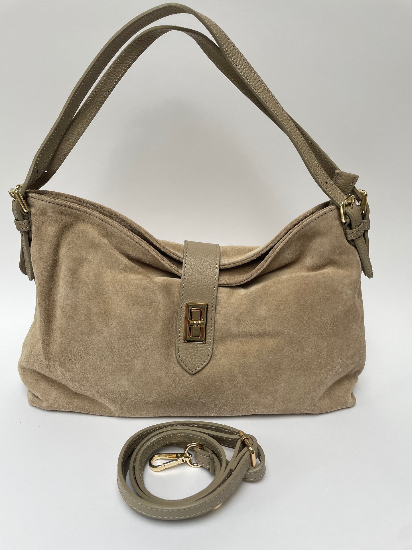 Suède tas met dubbele schouderband beige