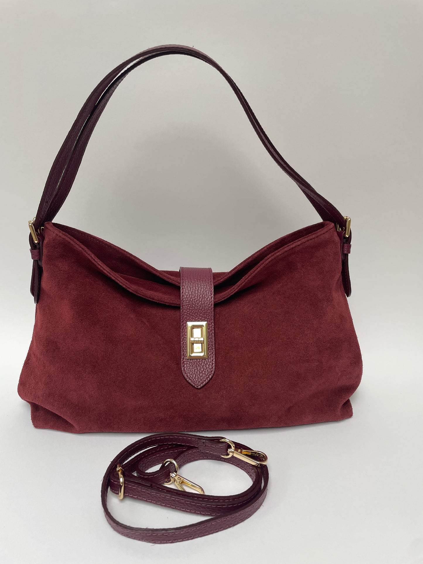 Suède tas met dubbele schouderband bordeaux