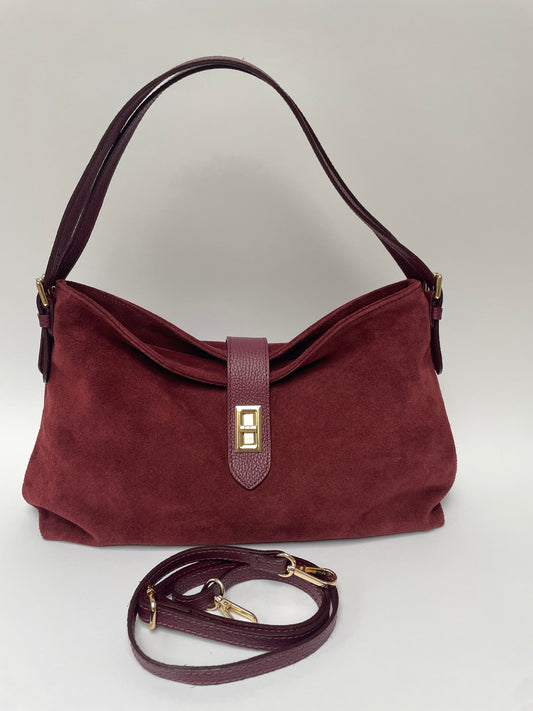 Suède tas met dubbele schouderband bordeaux